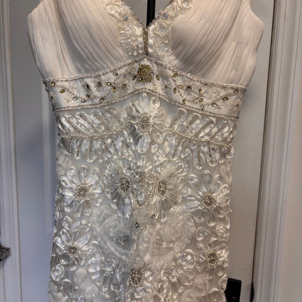 Sue Wong Nocturne Dress Sz 4 Ivory Beaded Sequin Floral Lace V Neck Cocktail - Picture 3 of 12